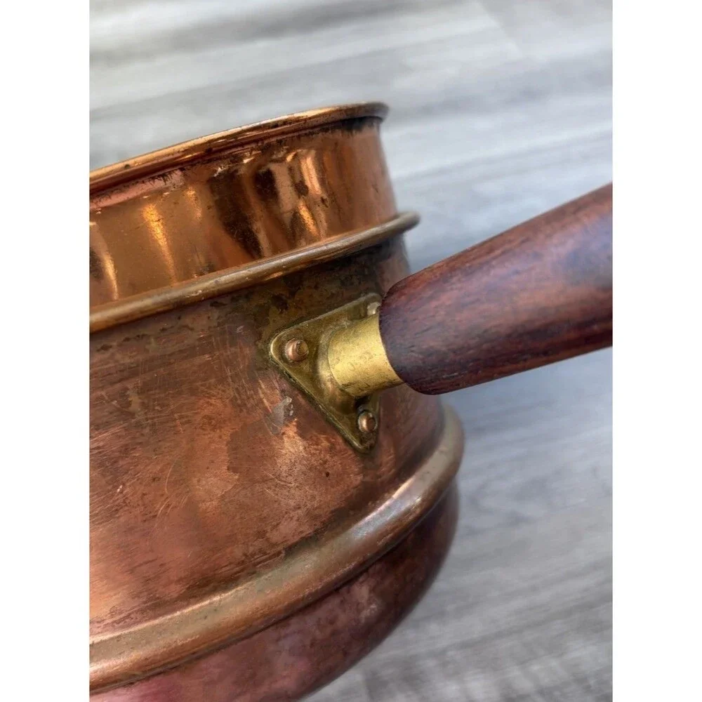 Vintage Bongusto Italy Copper Double Boiler Pan Pot Lid Wood Handle 1834 Patina